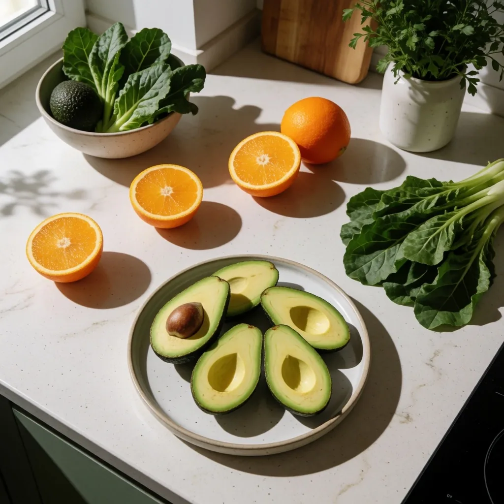 Alimentos ricos en nutrientes para la vista sobre una superficie de piedra