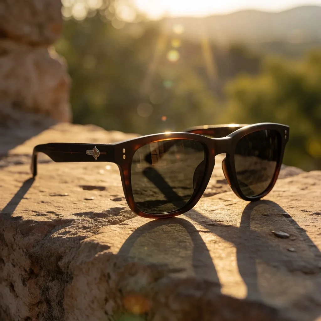 Gafas de sol sobre repisa de piedra bajo luz de atardecer
