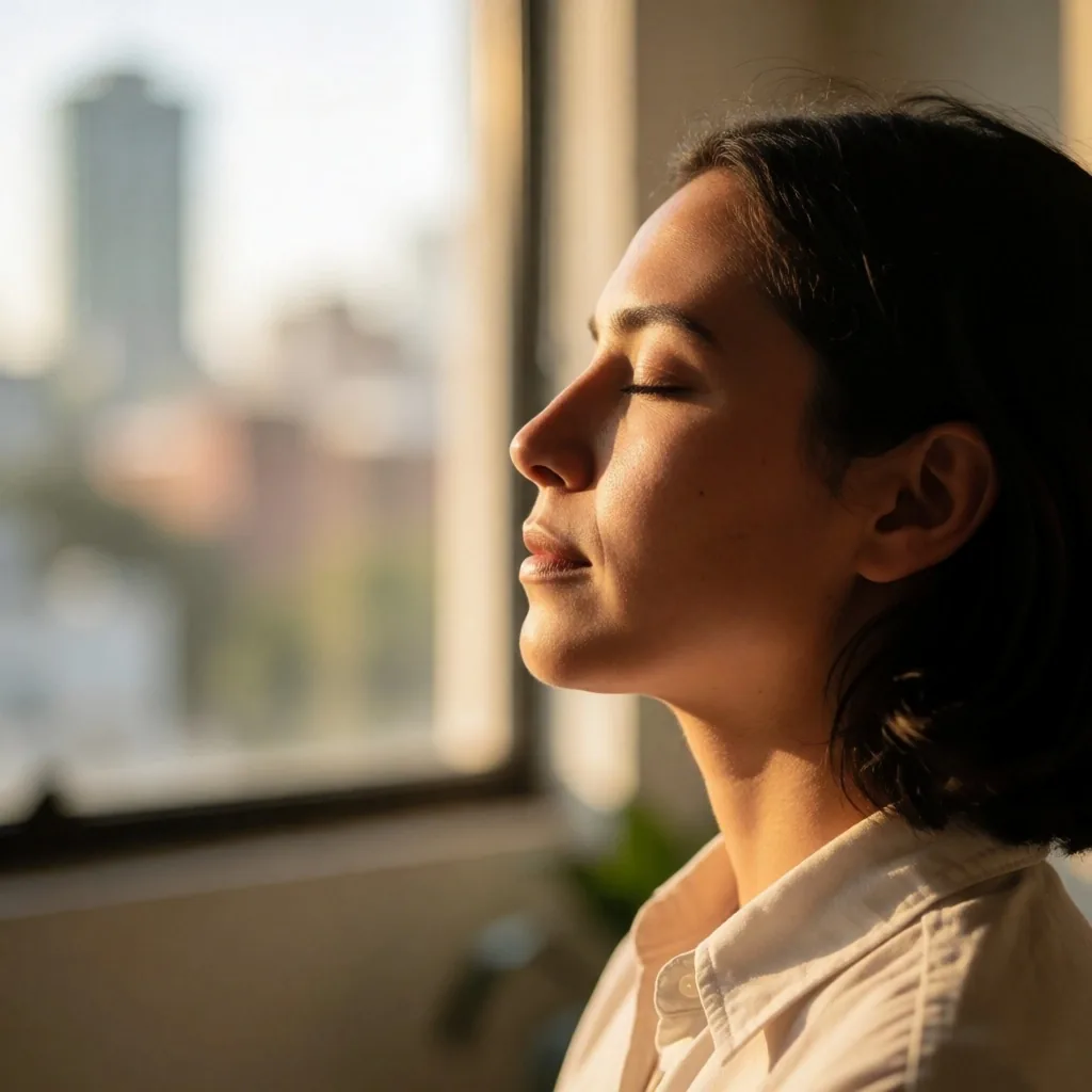 Persona descansando la vista con los ojos cerrados bajo luz cálida
