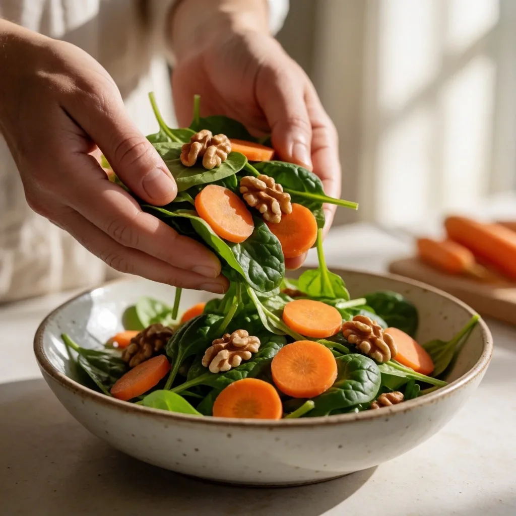 Preparación de ensalada con ingredientes beneficiosos para la vista