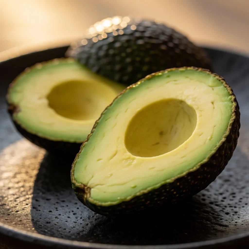 Aguacates cortados sobre plato de cerámica oscura