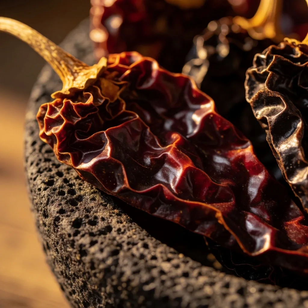 Chiles secos sobre mortero de piedra oscura