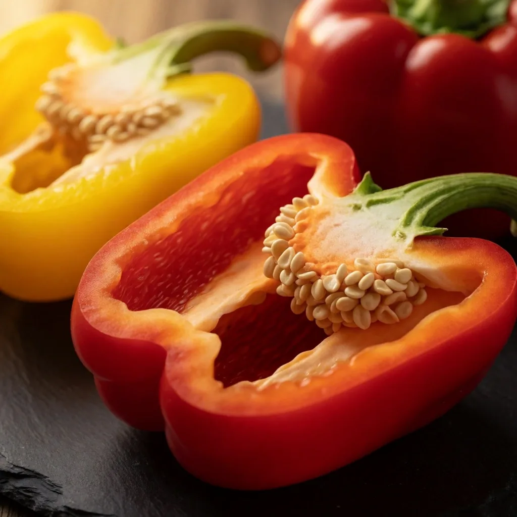 Pimientos rojos y amarillos cortados sobre superficie oscura