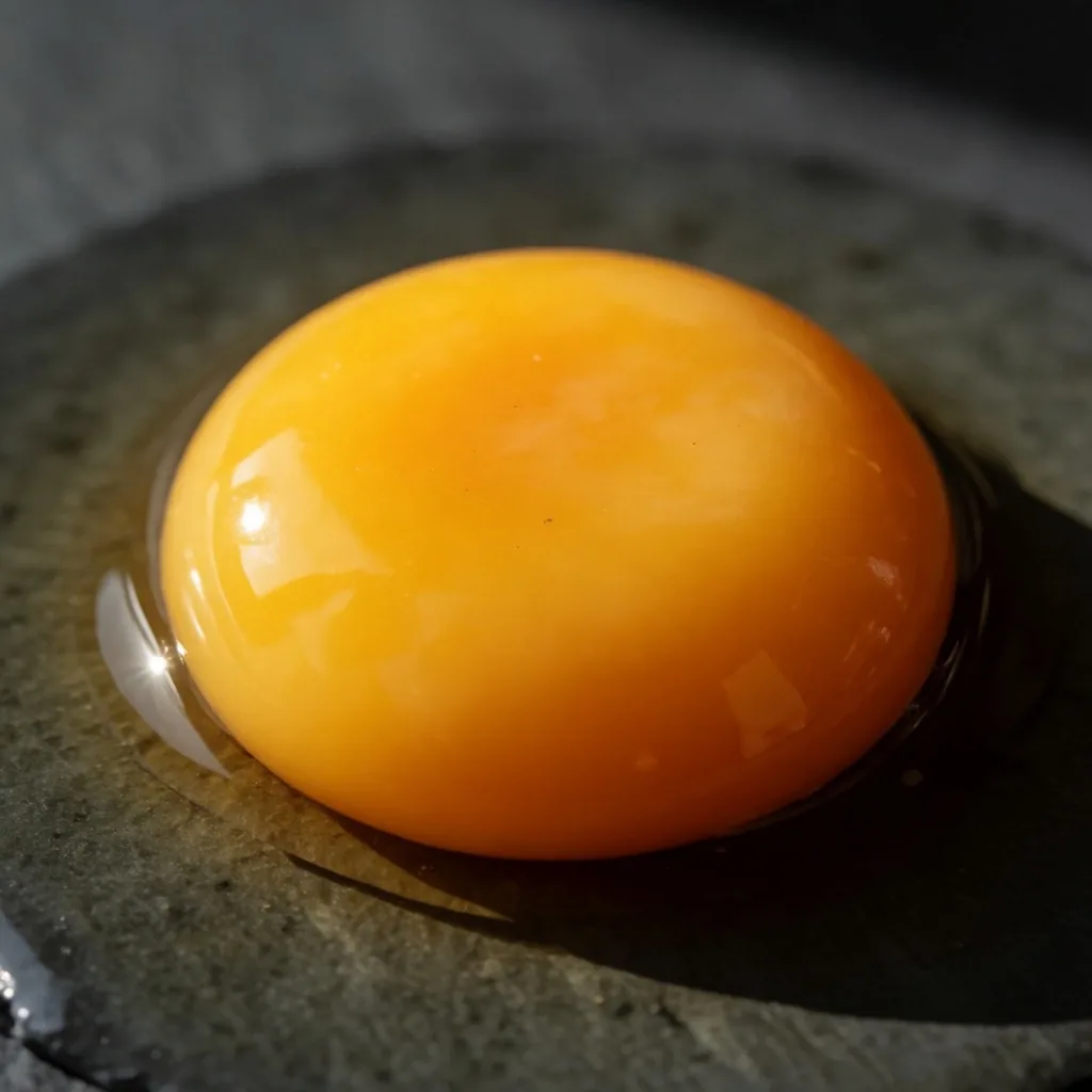 Primer plano de una yema de huevo sobre superficie de pizarra, aludiendo a nutrientes para la visión
